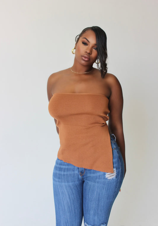 tall woman wearing asymmetrical brown tube top with ruched detail – front view