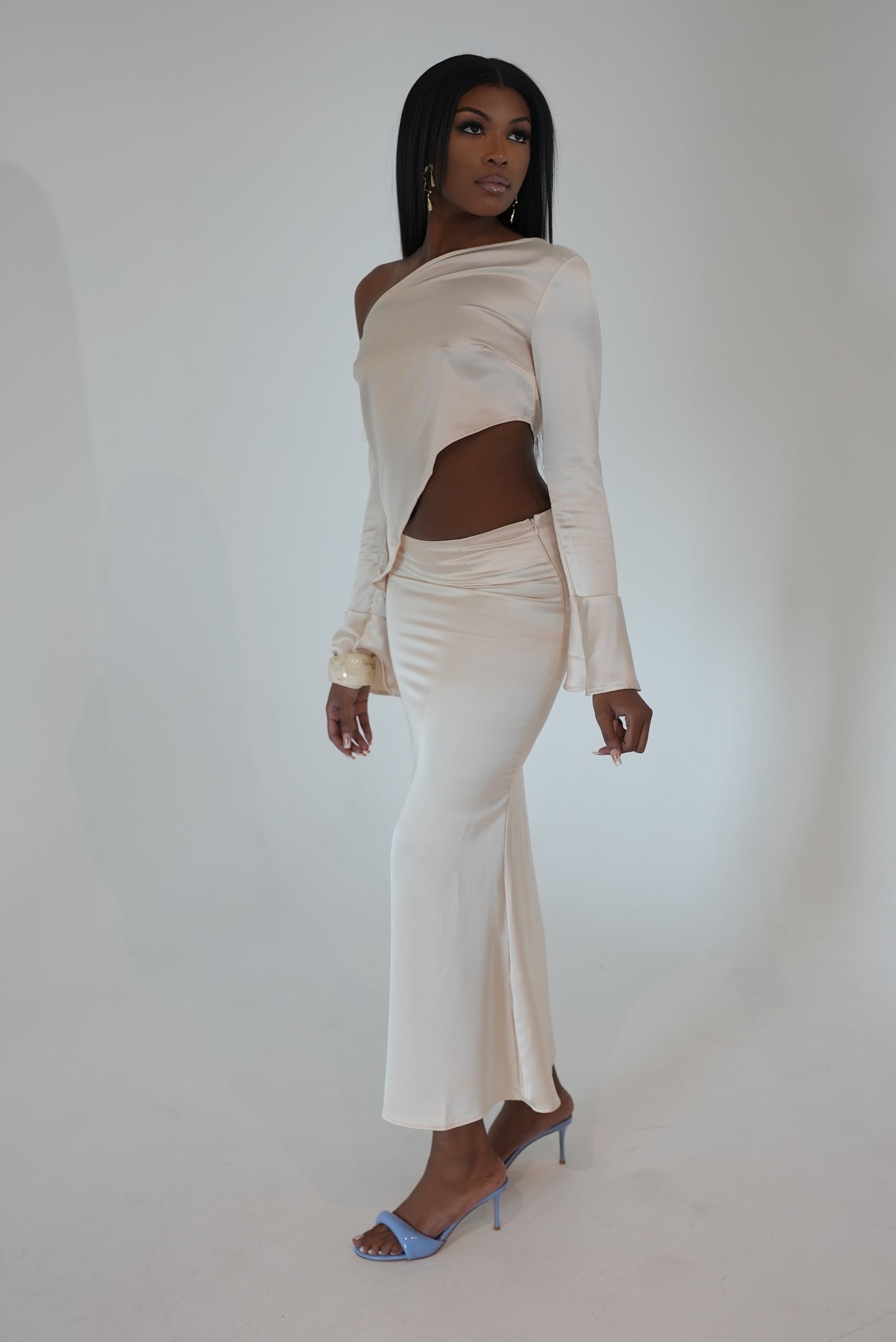 VENGEANCE Off the Shoulder Satin Maxi Skirt Set