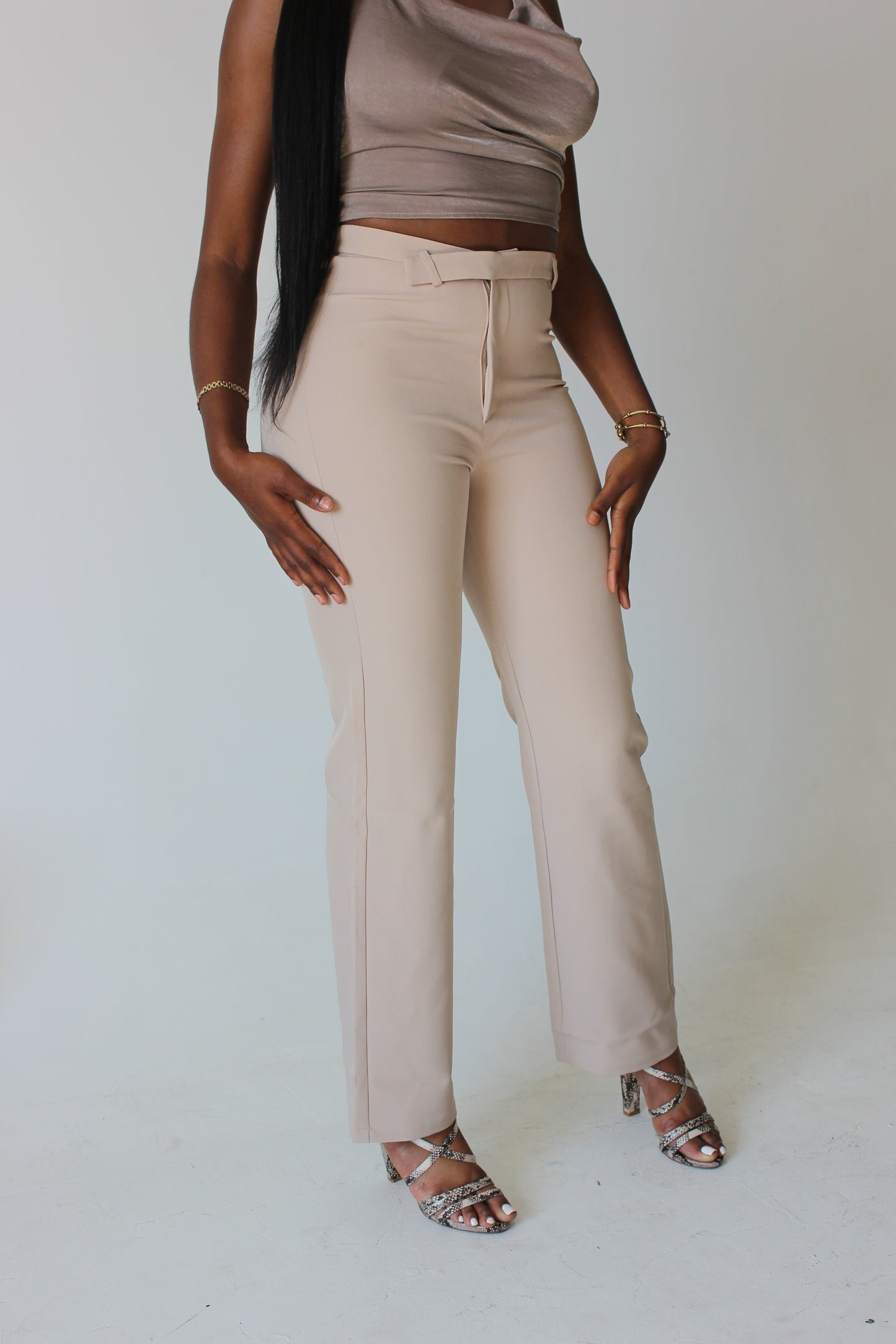 side profile of tall model in sleek straight-leg pants with structured fit – tall-inclusive fashion