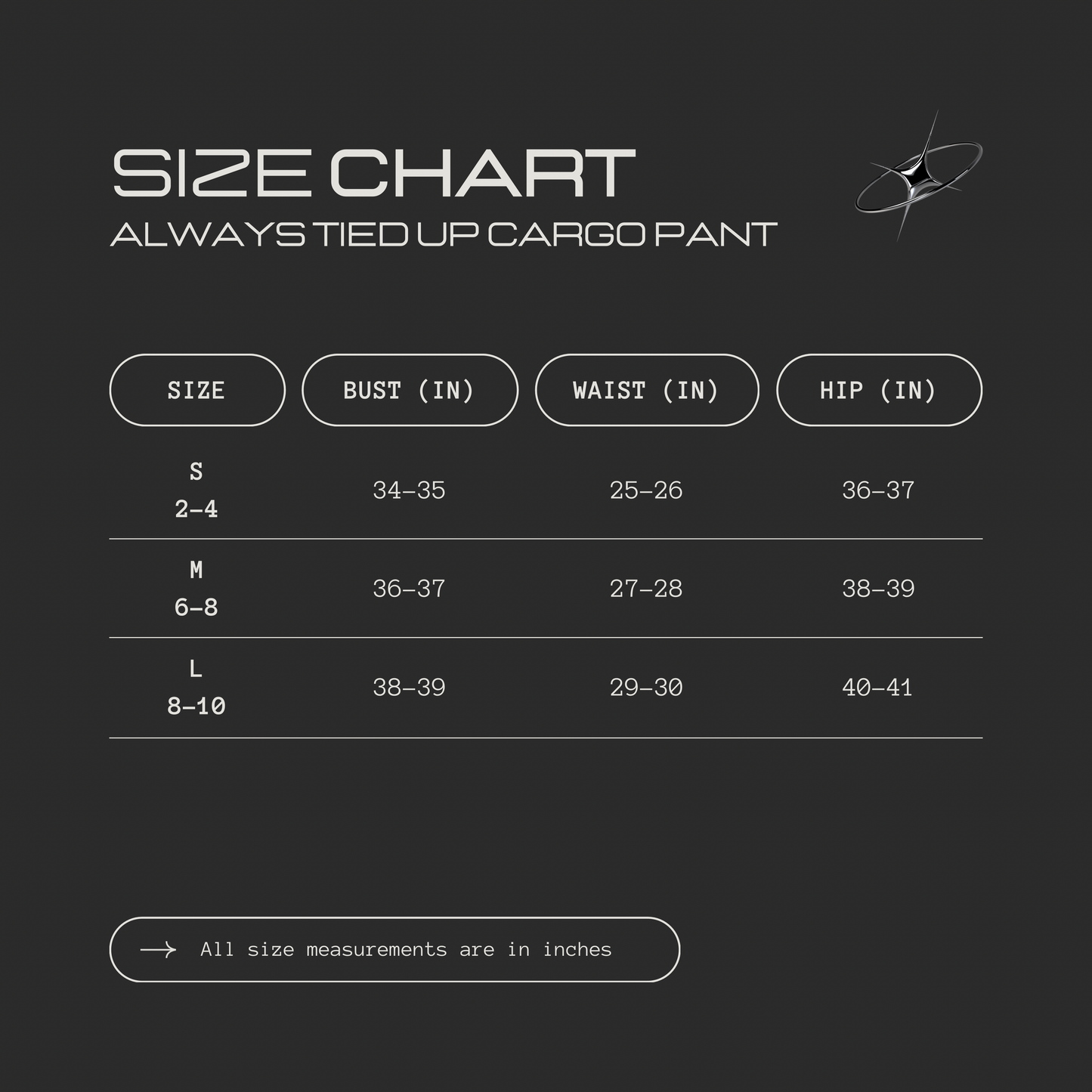 Always Tied Up Cargo Pant size chart