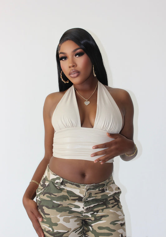 Tall vegan leather halter corset top in color Oatmeal– front view