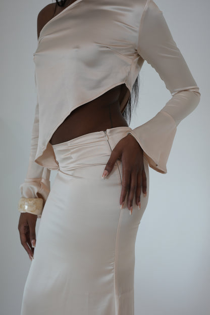 VENGEANCE Off the Shoulder Satin Maxi Skirt Set