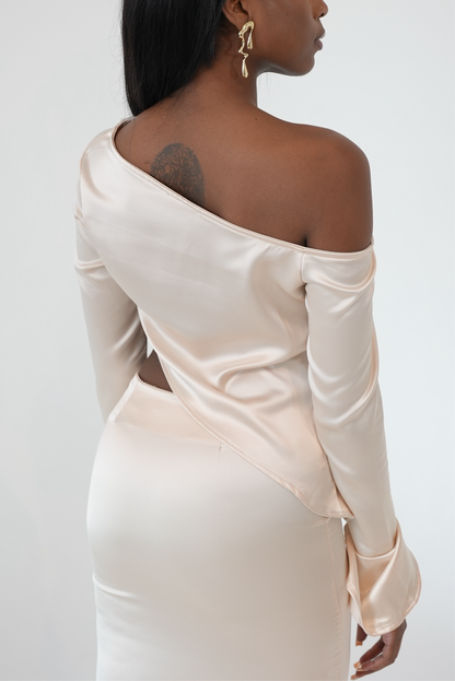 VENGEANCE Off the Shoulder Satin Maxi Skirt Set