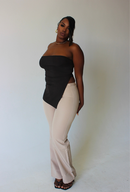 tall fashion model styling ribbed brown tube top with trouser pants – tall women's streetwear