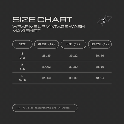 Wrap Me Up Vintage Wash Maxi Skirt size chart