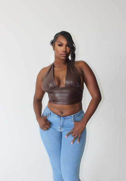 Laced in Leather Corset on tall model – front view