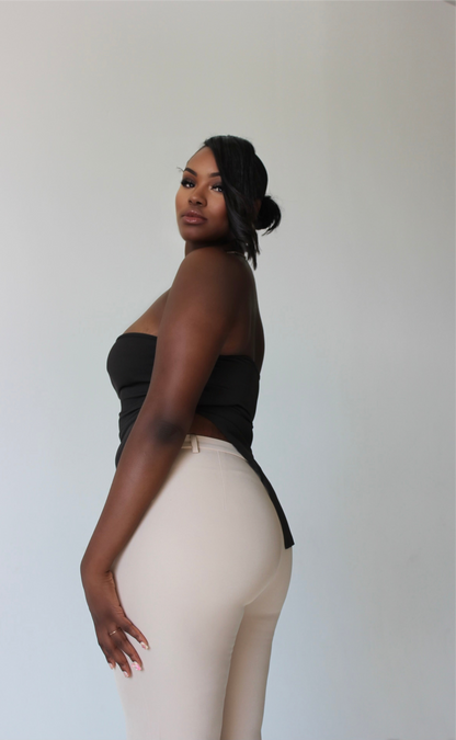 tall model in strapless brown crop top – backless tube top design