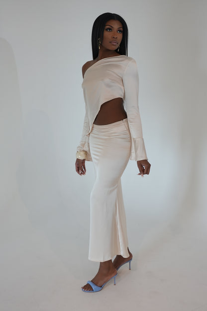 VENGEANCE Off the Shoulder Satin Maxi Skirt Set