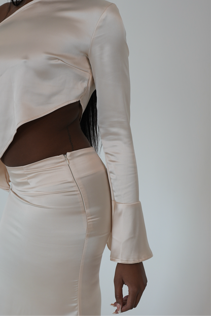 VENGEANCE Off the Shoulder Satin Maxi Skirt Set