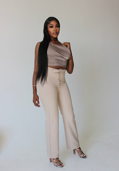 side profile of tall model in sleek straight-leg pants with structured fit – tall-inclusive fashion