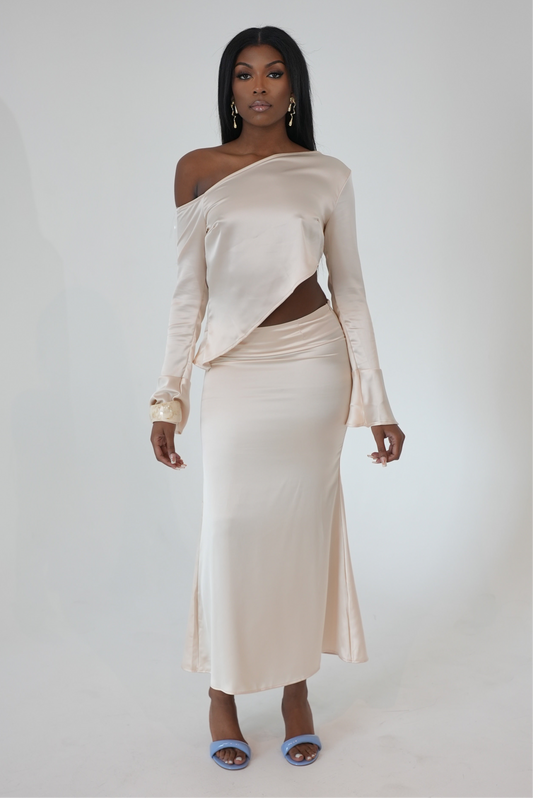 VENGEANCE Off the Shoulder Satin Maxi Skirt Set