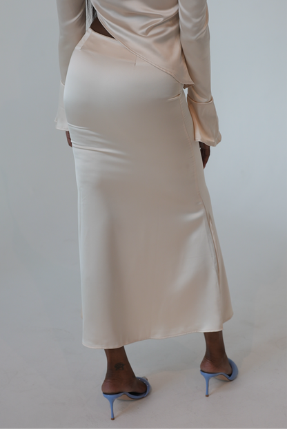 VENGEANCE Off the Shoulder Satin Maxi Skirt Set