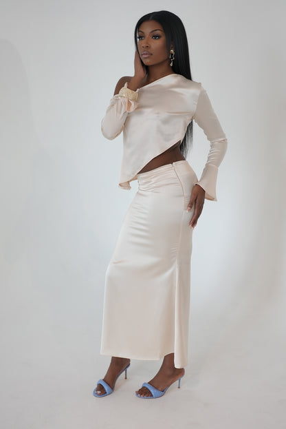 VENGEANCE Off the Shoulder Satin Maxi Skirt Set